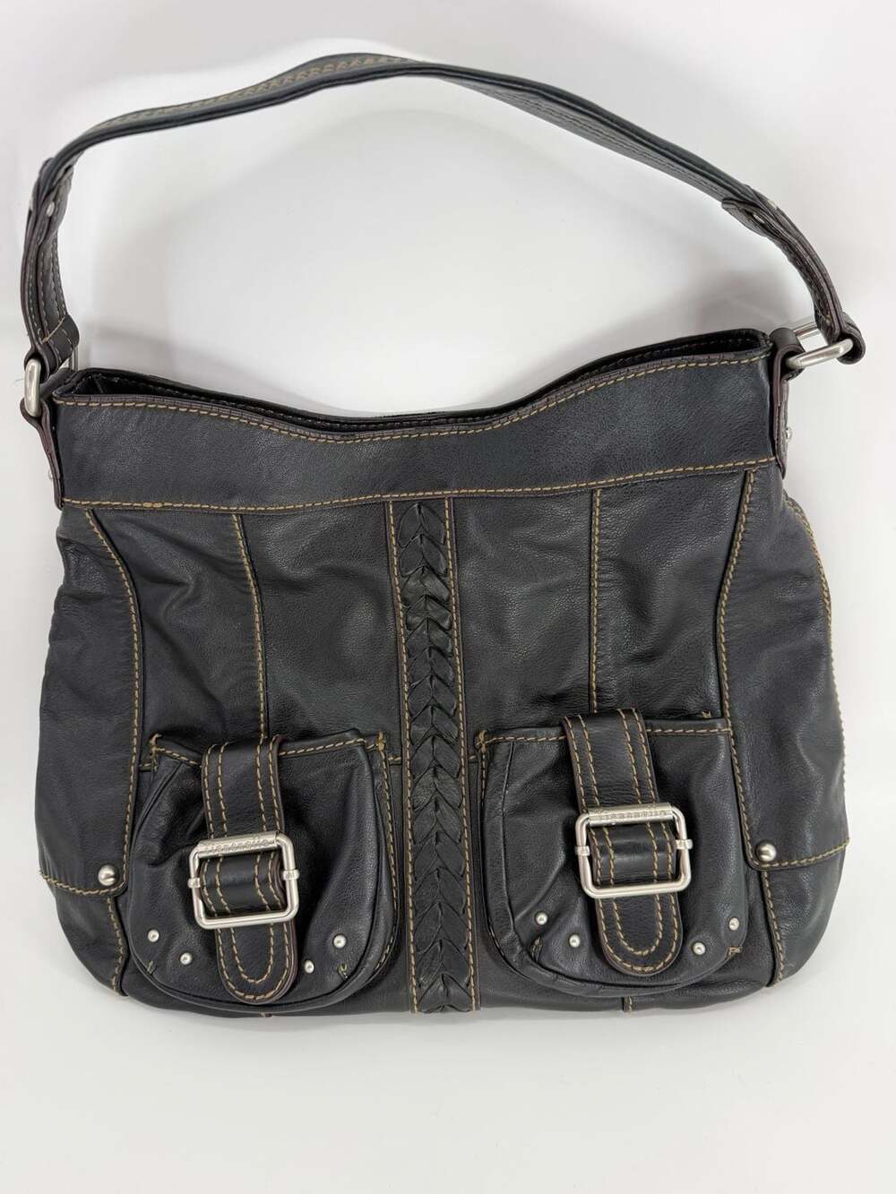 Tignanello Genuine Leather Black Hobo Shoulder Bag Y2K Boho Buckle